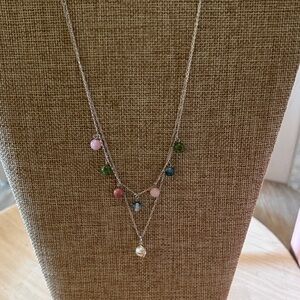 Double strand Silver Necklace with Multicolor Beads and white pearl